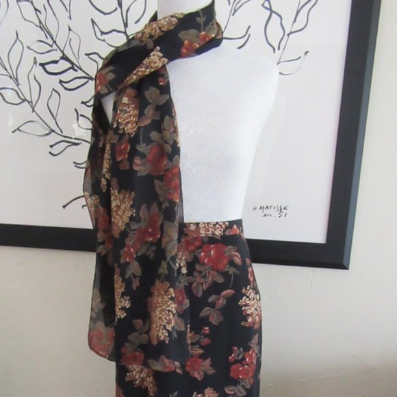 Vintage 1990s black & terracotta floral wrap midi skirt & scarf sz. 16 - Picture 3 of 14